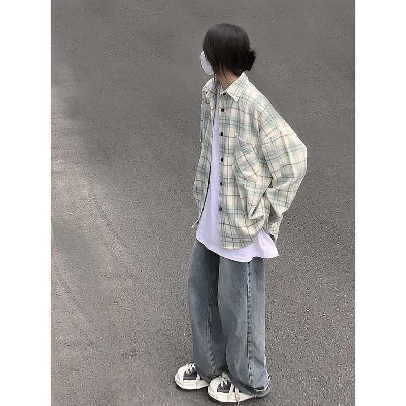 Mint green plaid shirt for women 2023 spring and autumn new casual jacket top design niche long-sleeved shirt