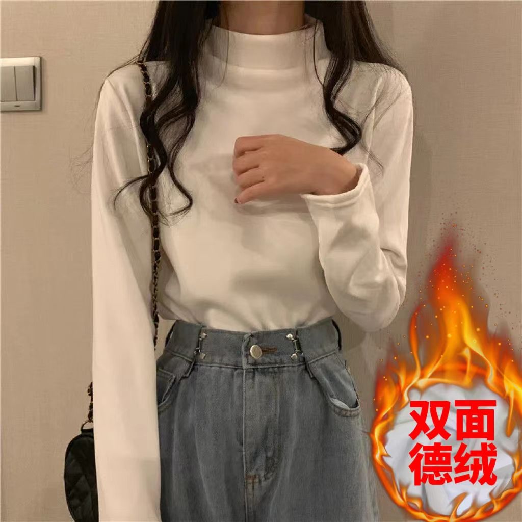 Double-sided German velvet female students Korean version half turtleneck warm slim versatile bottoming shirt female long-sleeved top t-shirt trendy