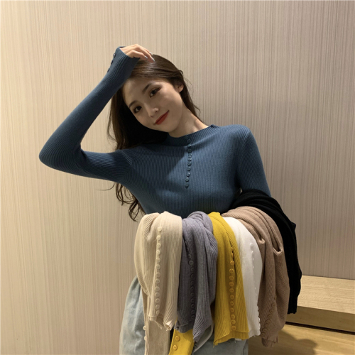 Actual shot solid color half turtleneck buttoned sweater slim long sleeve bottoming pullover sweater for women