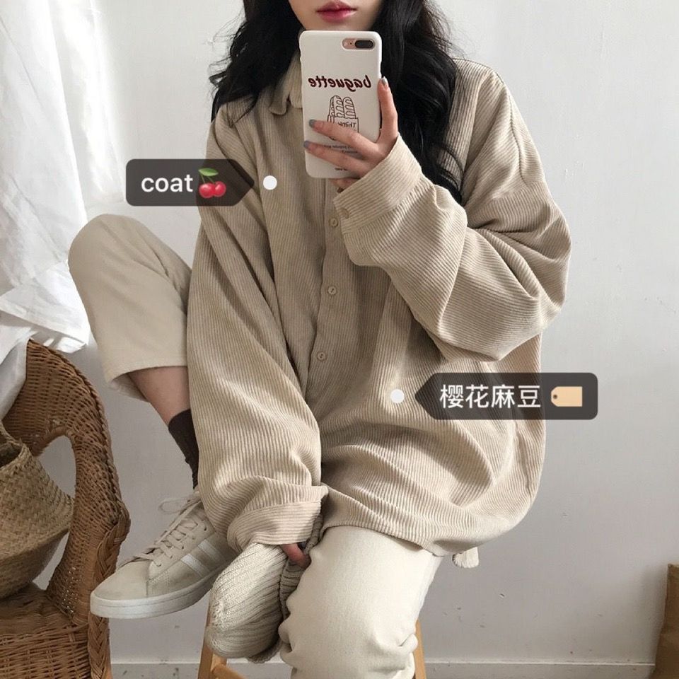 Corduroy jacket long-sleeved autumn Japanese style ulzzang ghost horse girl lazy 2022 loose shirt for women