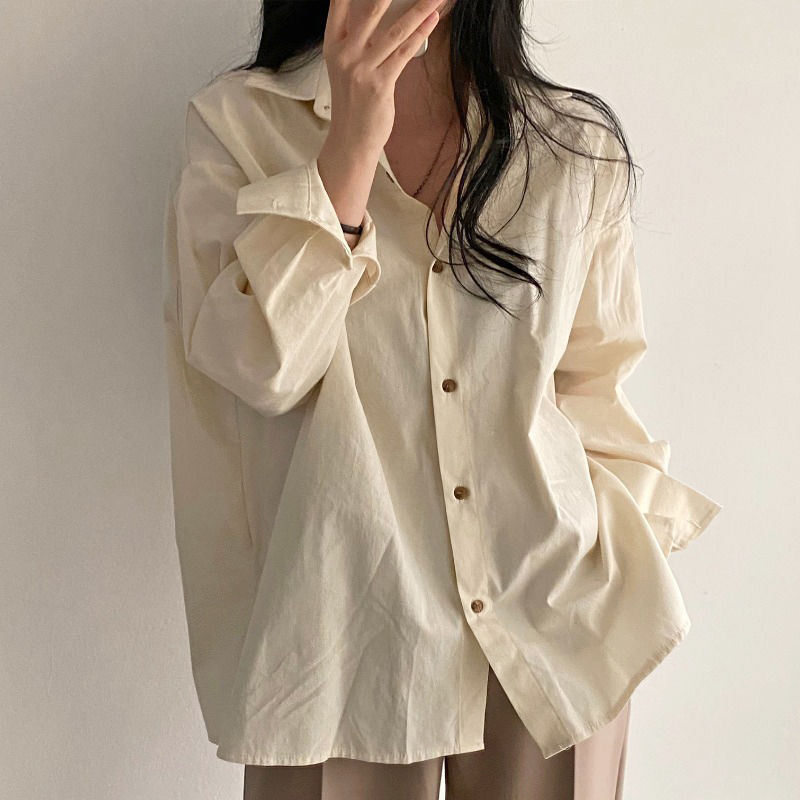 Korean chic French style lazy style loose solid color single-breasted casual versatile fashion long-sleeved shirt tops for women