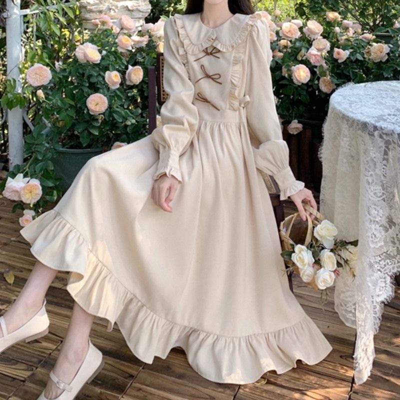 College style doll collar dress for female students Korean style loose mid-length long sleeve knee-length bow A-line skirt