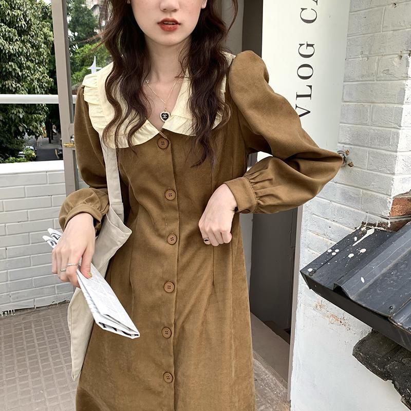 2023 Spring and Autumn New French Retro Temperament Corduroy Color Blocking Doll Collar Waist Slimming Western Style Dress for Women