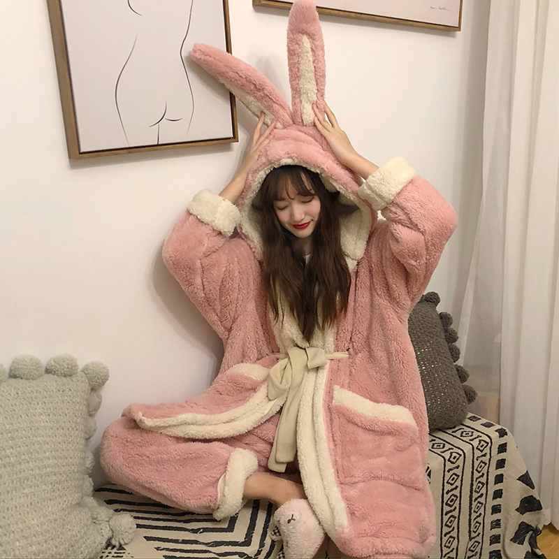 Actual shot of cute plush bunny ears hooded pajamas two-piece set