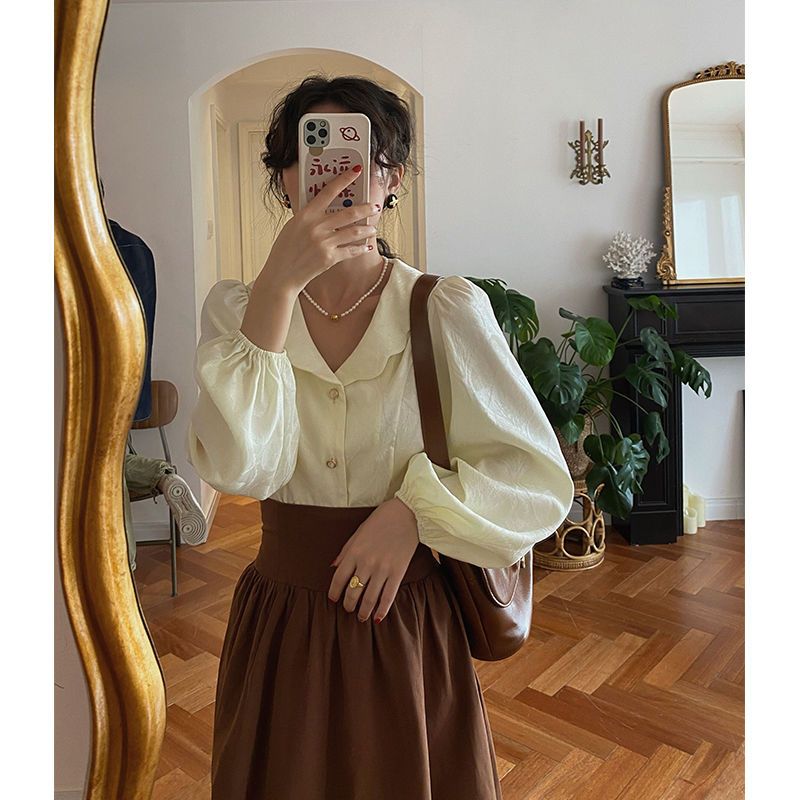 Autumn suit for women 2023 new French palace style retro shirt + versatile mid-length waist shaping A-line skirt