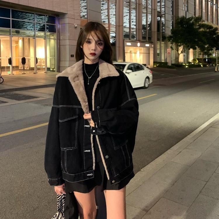 Denim jacket for women 2023 autumn and winter loose Korean style casual all-match workwear cotton ins Hong Kong style plus velvet thickening