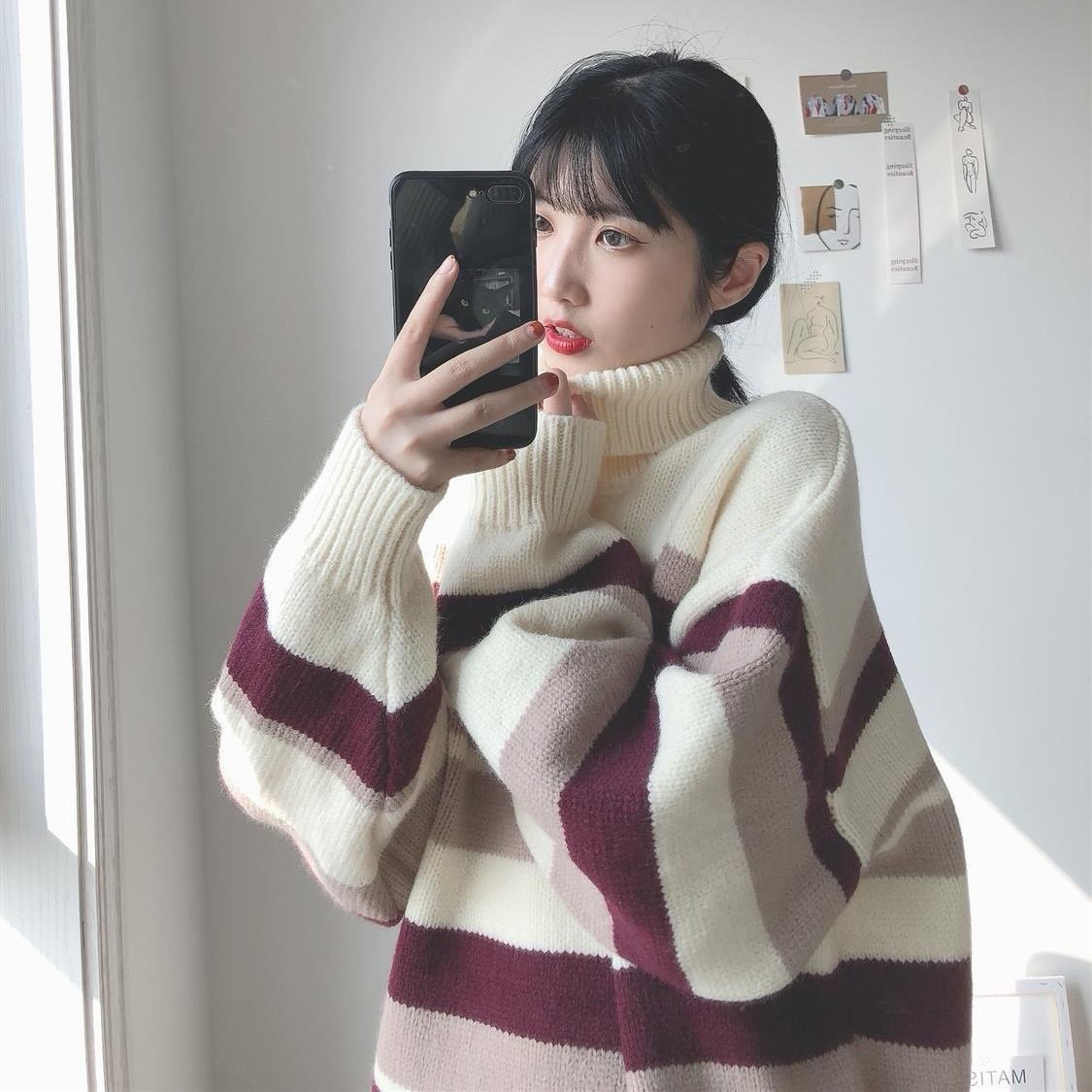 Knitted women's lazy style slim outer wear winter thick striped high collar student Korean style loose pullover trendy top sweater