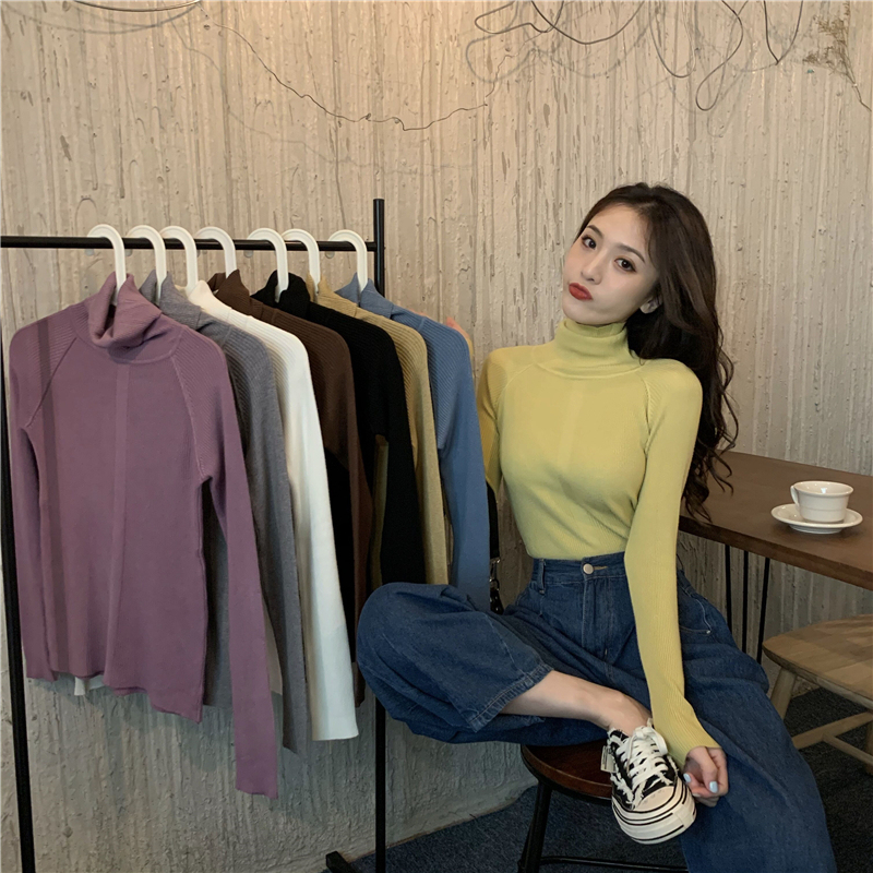 Real shot of autumn and winter retro vertical pattern turtleneck sweater slim bottoming sweater women's top