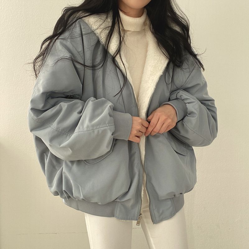 Korean velvet thickened reversible lamb wool winter cotton coat women's jacket winter new loose hooded cotton coat