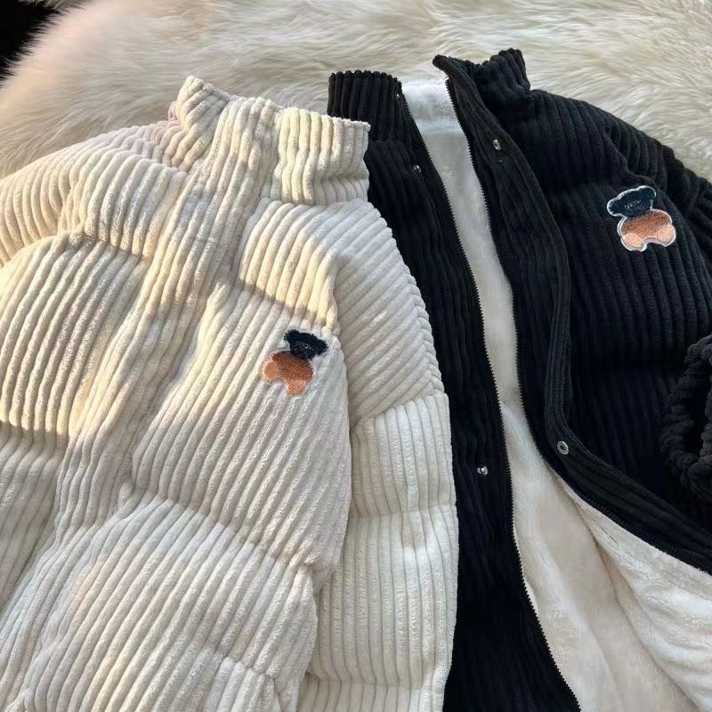 Corduroy cotton jacket for men and women with embroidered winter design niche oversize stand-up collar plus velvet thickened cotton jacket