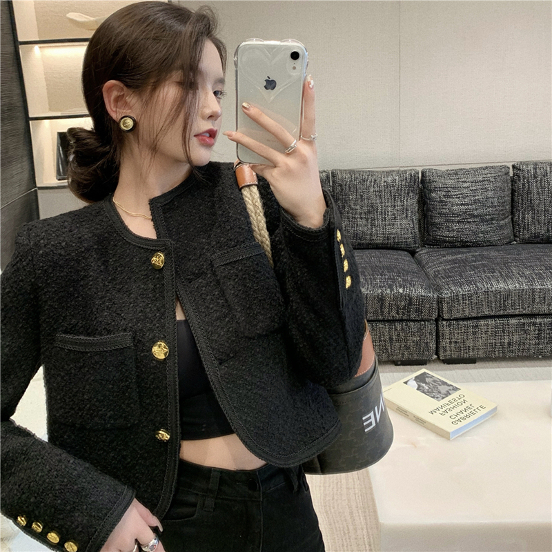 實拍秋裝復古黑色編織小香風寬鬆廓形顯瘦短款毛呢外套女