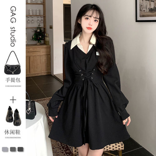 300 Jin Large Size Designed Lace-up Fake Two-piece Dress for Women Spring and Autumn Fat mm Waist Slimming Sweet Spicy A-Line Skirt