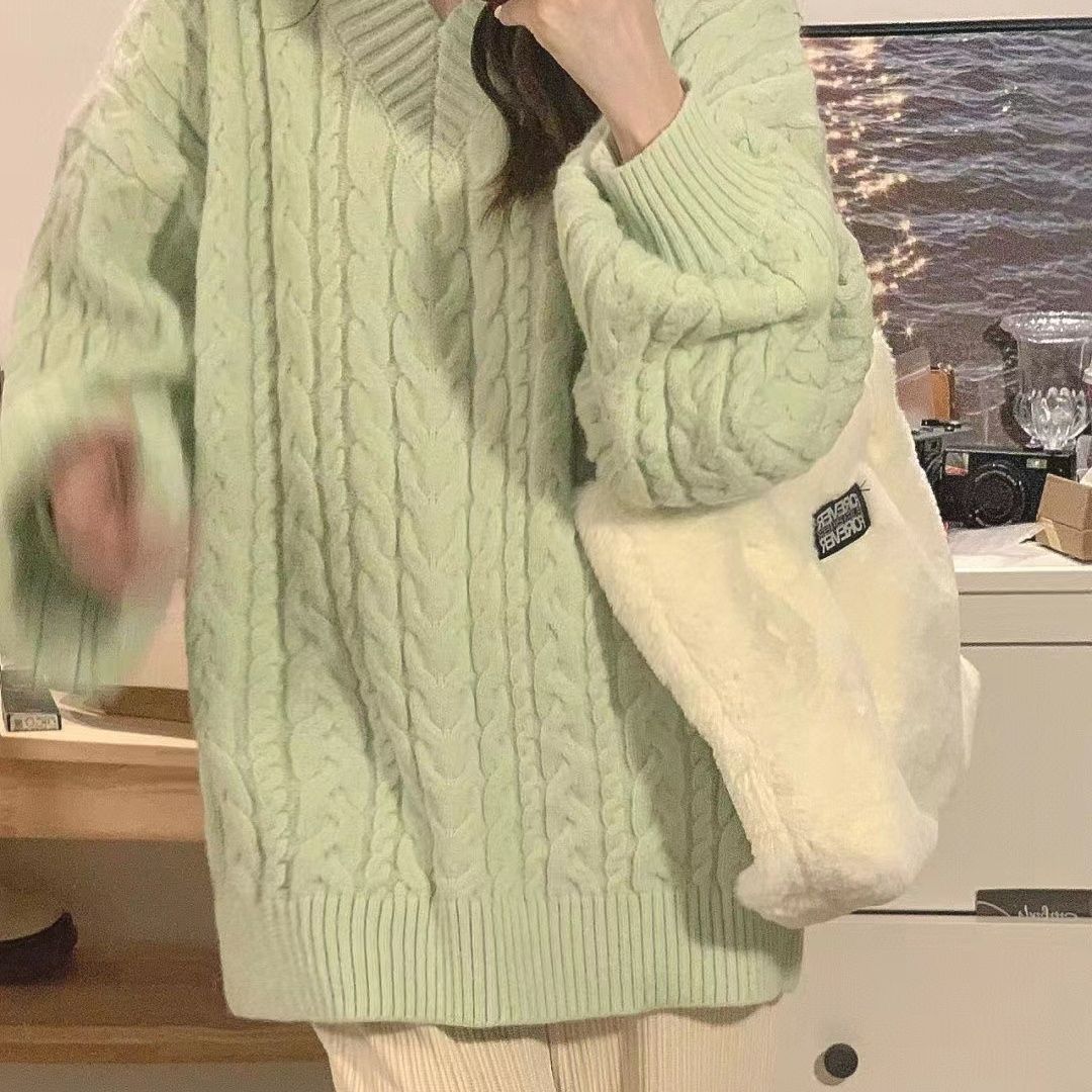 Milk Matcha Green Sweater Women's Autumn and Winter Outerwear Lazy Style Niche Japanese Retro V-Neck Knitted Jacket
