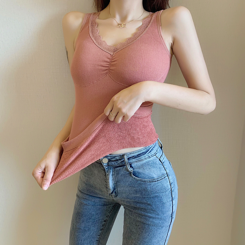 實拍~V領磨毛加厚保暖背心修身內搭保暖打底上衣女