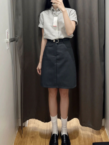 College style loose polo collar solid color short-sleeved shirt + fashionable slim straight A-line skirt single piece/set