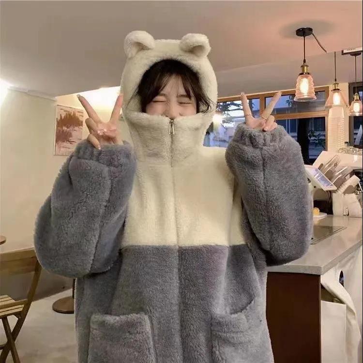 Cute contrasting color bear ears hooded lamb wool cotton-padded jacket for women with winter design niche thickened cotton-padded jacket