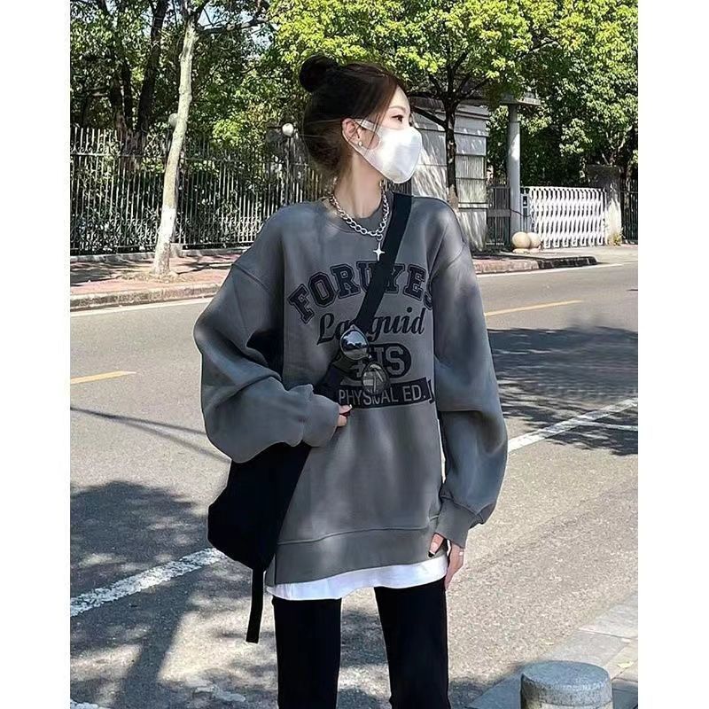 American fashion brand design dark gray round neck sweatshirt for women spring and autumn oversize loose simple trendy top