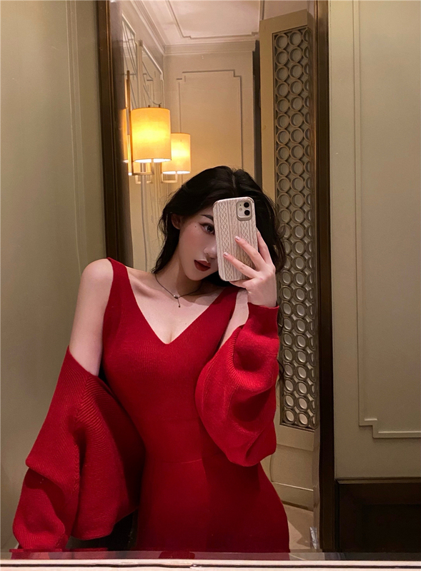 Autumn and winter real shot New Year red Christmas red knitted suspender slim dress + red sweater cardigan