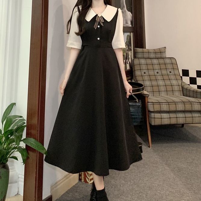 Forest style dress waist slimming summer dress plus size new student college style sweet doll collar belly-covering long skirt