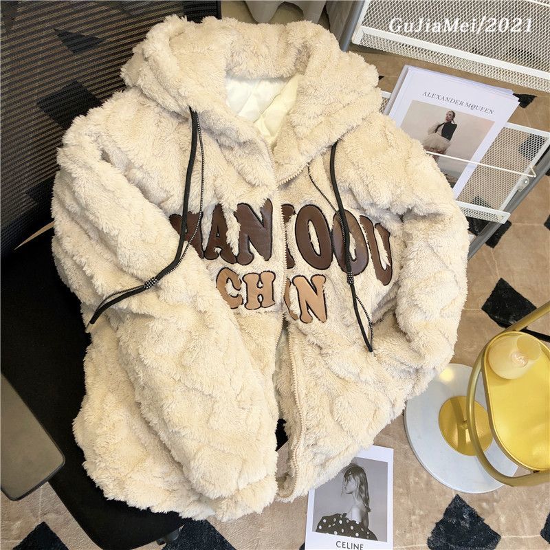Lamb plush milk fufu thickened warm coat cotton coat women's autumn and winter ins hooded quilted inner top