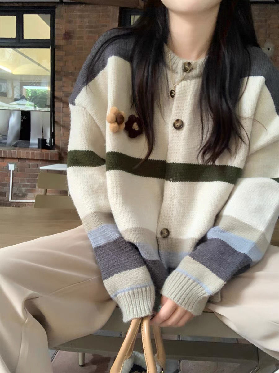 Contrast color striped sweater for women 2023 autumn and winter new Korean style retro gentle lazy style loose knitted cardigan jacket