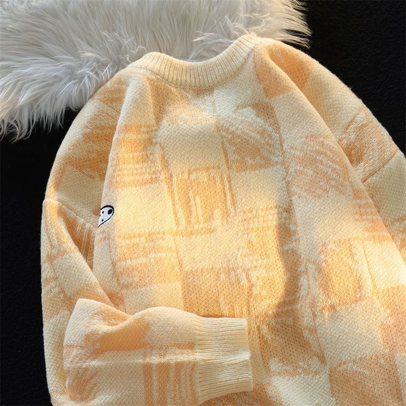 Japanese sweaters for men and women in autumn and winter retro oversize trendy soft glutinous lazy style cute milky apricot color sweater