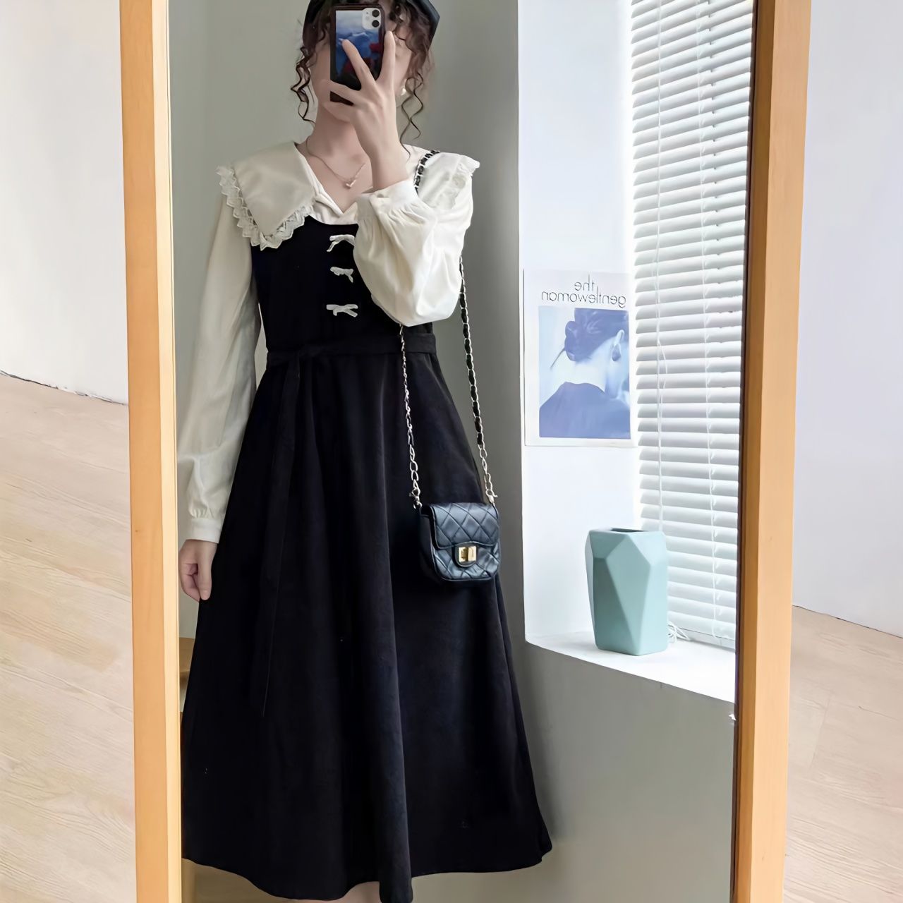 Spring and Autumn plus size women's clothing for fat mm fake two-piece doll collar dress with design waist and slimming retro mid-length skirt
