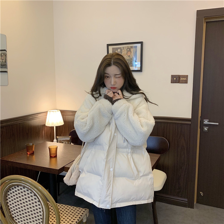 Actual shot of the new Korean style loose fur stitching hooded thickened cotton jacket