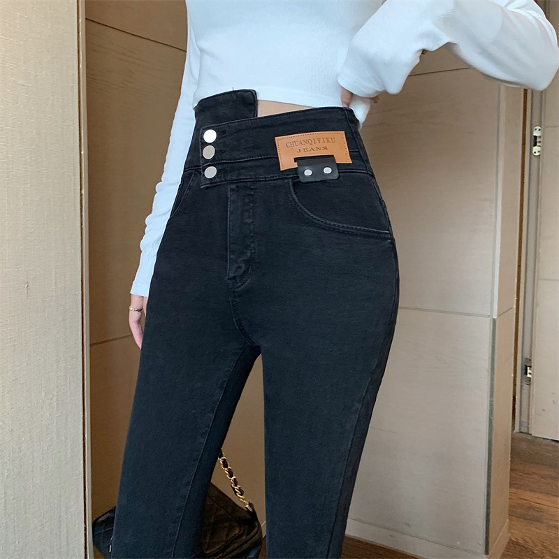 實拍 排扣不規則緊身小腳九分褲2023新品高腰冬季牛仔褲女