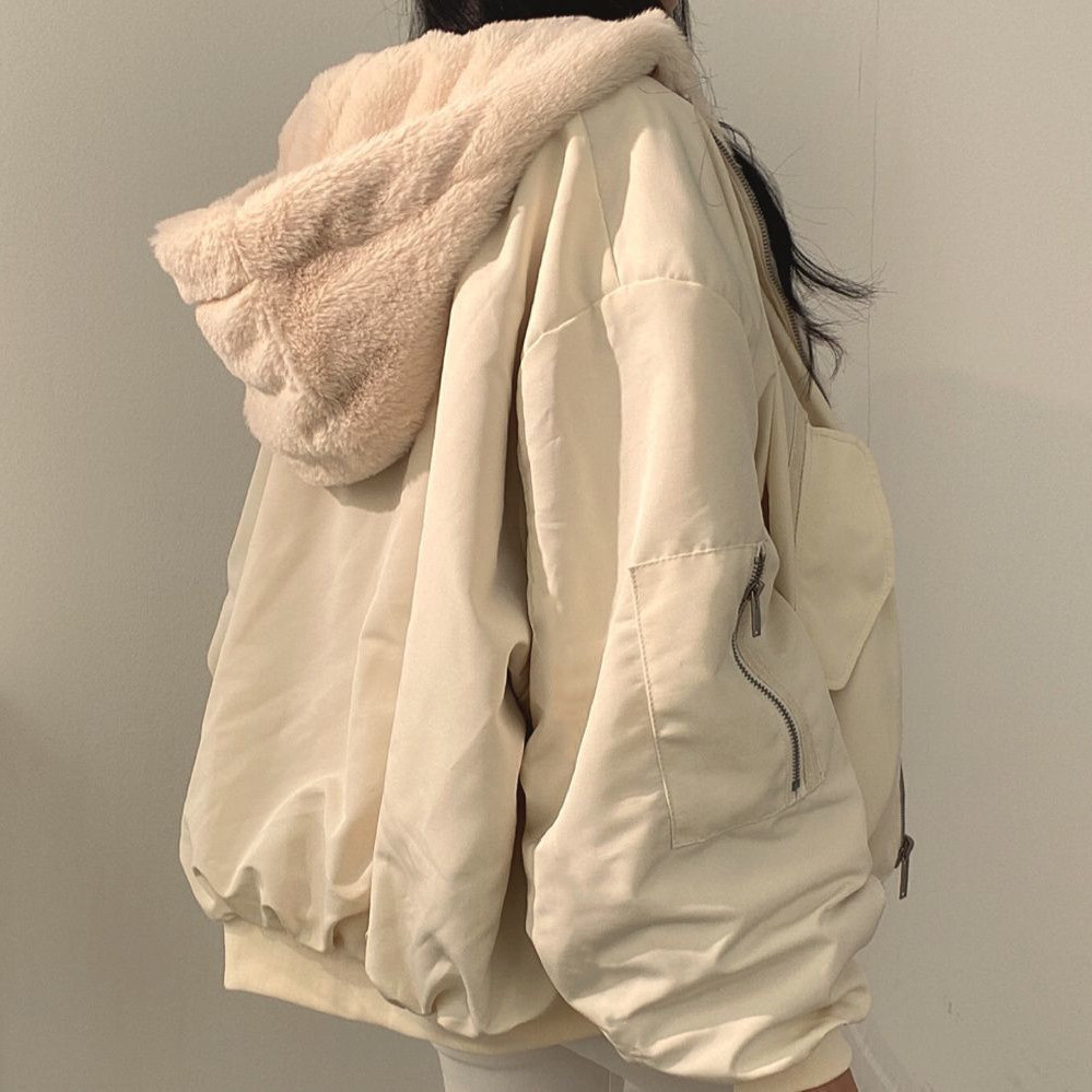 2023 winter new style reversible cotton bomber jacket loose hooded velvet thickened coat for women cotton coat for women