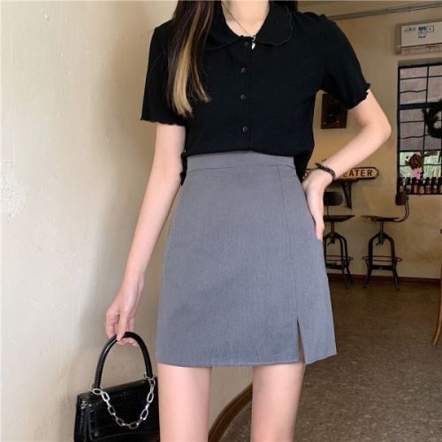 Black skirt women's summer dress retro Hong Kong style high waist slim gray suit skirt slit A-line hip skirt