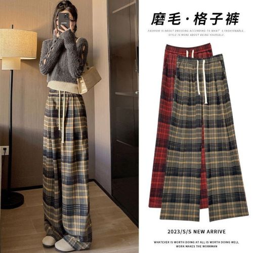 Maillard Brushed Plaid Pants Tall Long Version Plus Velvet Thickened Wide Leg Straight Pants Lazy Style Floor-Mopping Pants for Women