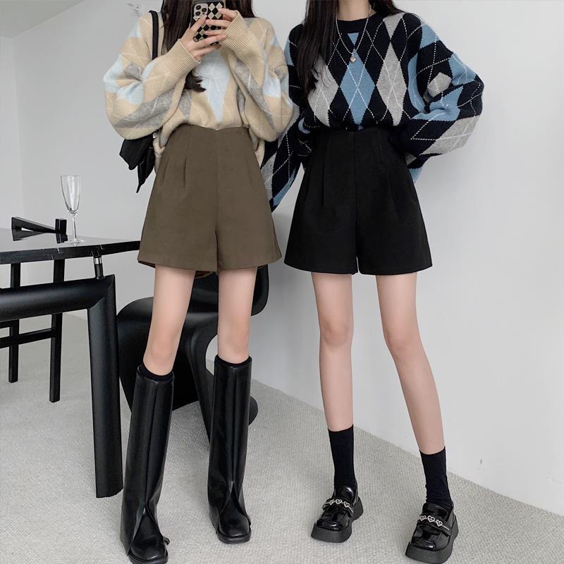 Women's woolen shorts 2023 autumn and winter large size fat mm wide-leg pants high waist outer wear loose slimming A-line casual boot pants