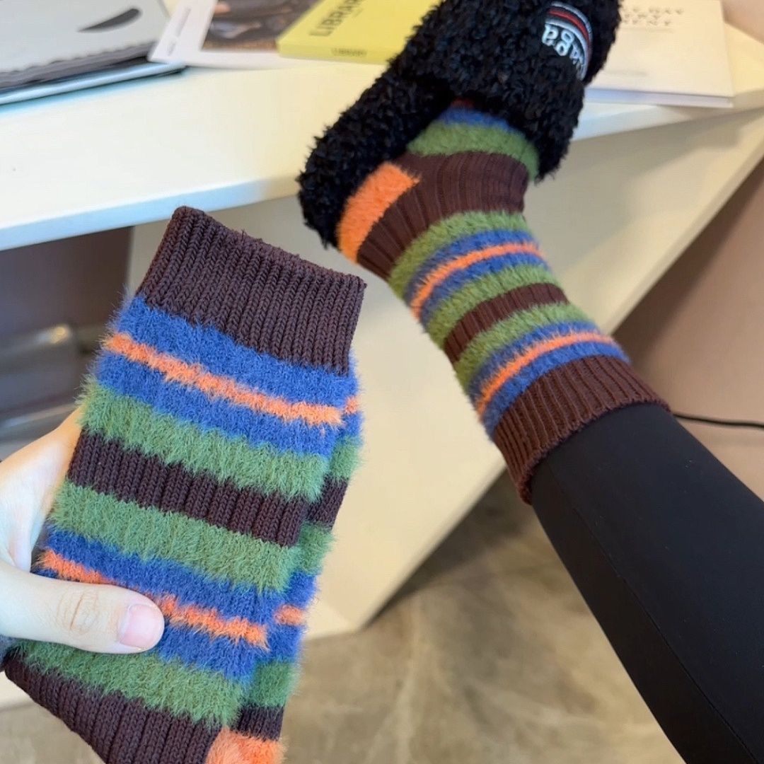 It looks great with shark pants~ Korean style color block stripes and contrasting imitation mink furry socks for women