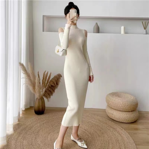 Knitted dress women's autumn and winter new long sweater dress over the knee slim half turtleneck tight off-shoulder long skirt