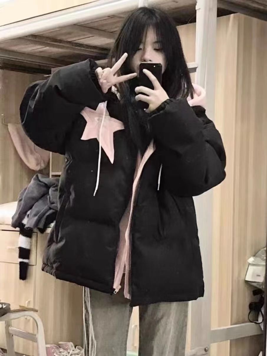2023 winter thickened cotton coat for women American retro fake two-piece hooded design cotton coat loose cotton jacket trendy