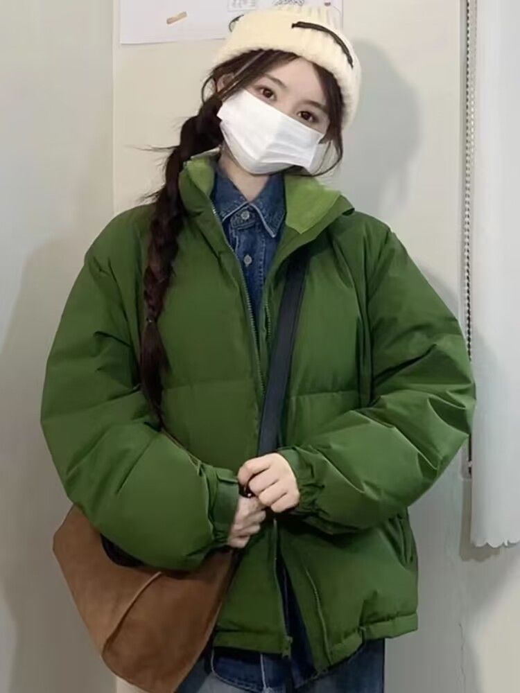 Green down cotton coat women's short new style Korean style thickened couple's loose cotton coat winter bread coat trend