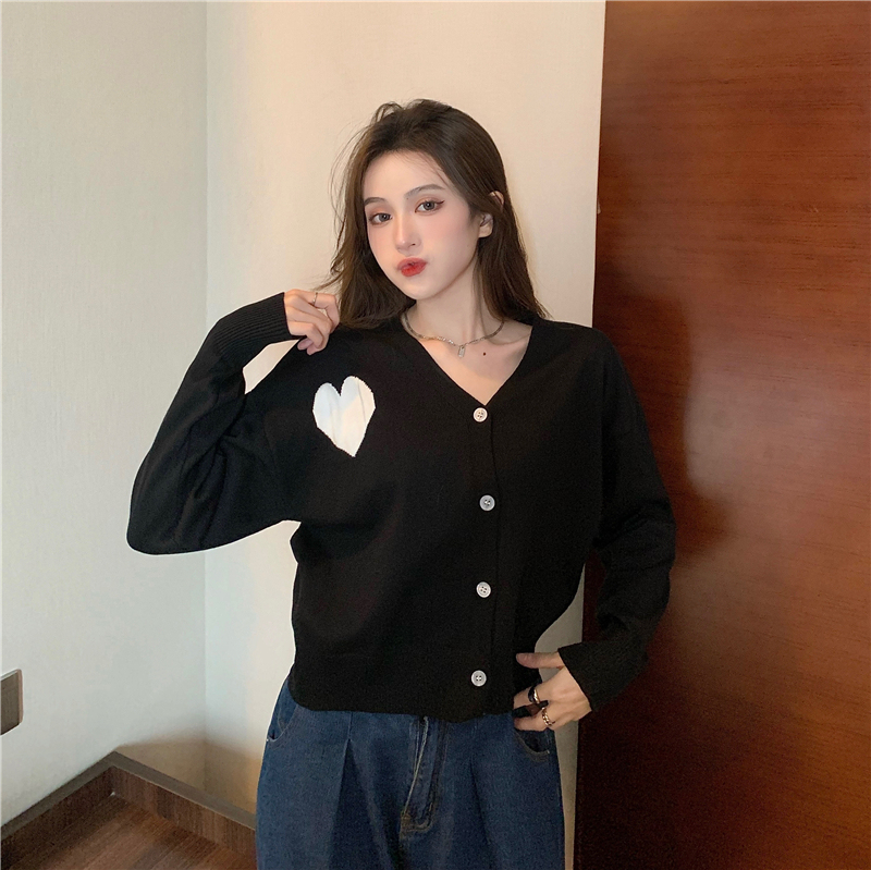 Actual shot of versatile and versatile love V-neck knitted cardigan sweater jacket