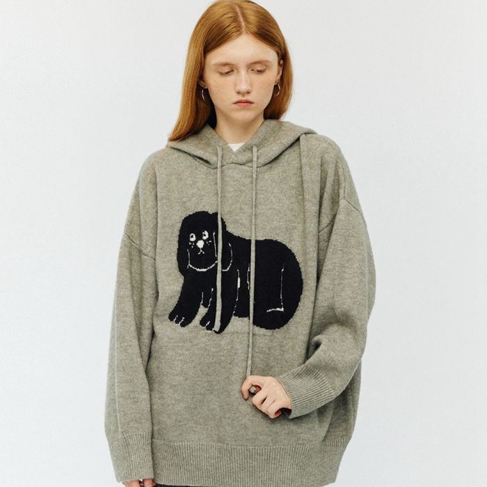 Lazy puppy solid color jacquard hooded sweater loose casual pullover sweater coat autumn