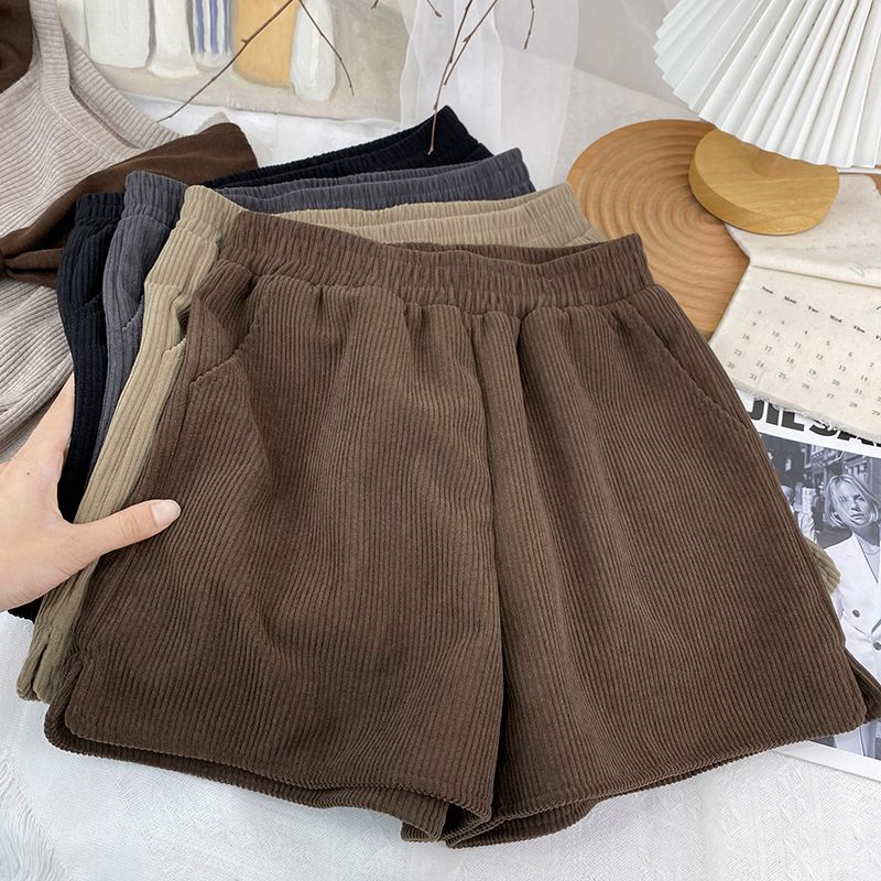 2023 autumn and winter plus size corduroy shorts for fat mm women's high-waist slim outer wear wide-leg pants for small people casual boot pants