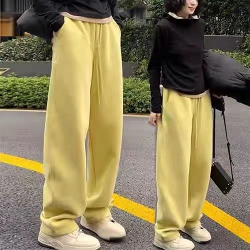 2023 autumn and winter new style plus velvet niche minimalist loose slim casual wide leg pants high waist versatile straight sweatpants