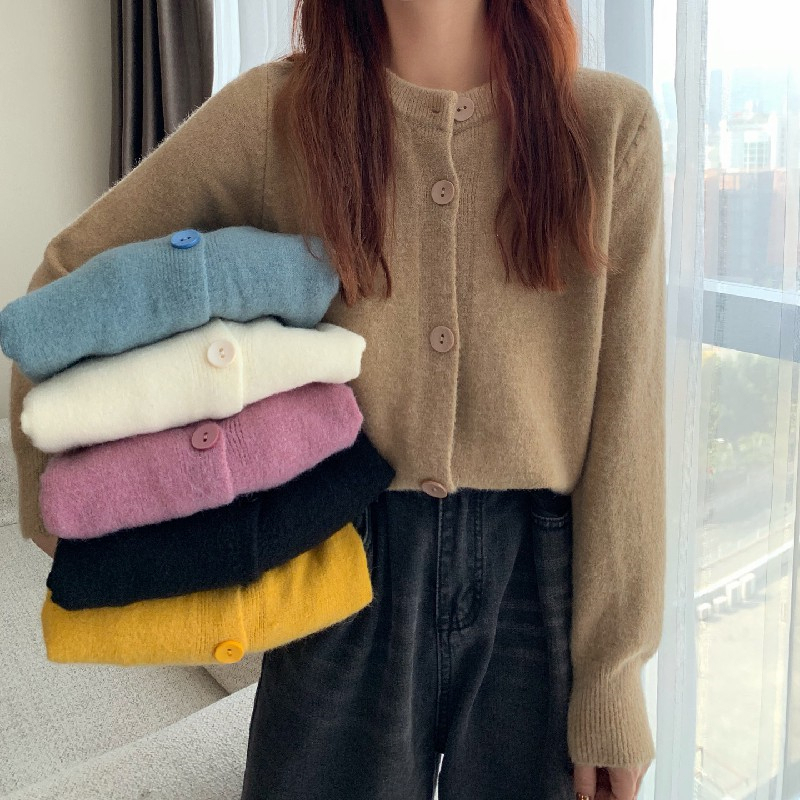 Real shot Winter versatile thickened woolen round neck single breasted sweater jacket cardigan