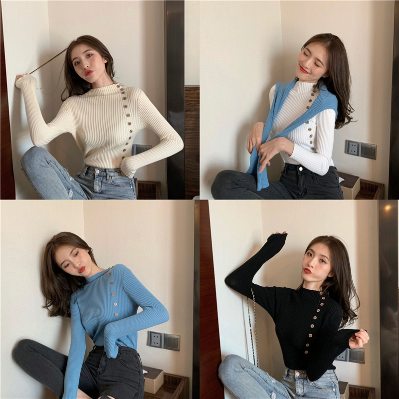 Actual shot of button-embellished half-turtleneck sweater for women, autumn and winter core-spun yarn bottoming shirt