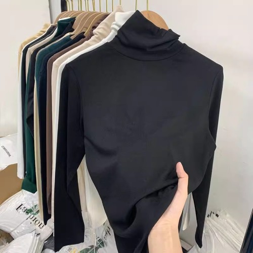 High collar basic bottoming shirt for women with velvet inner layer  autumn and winter new style plus velvet thickened warm top long-sleeved T-shirt