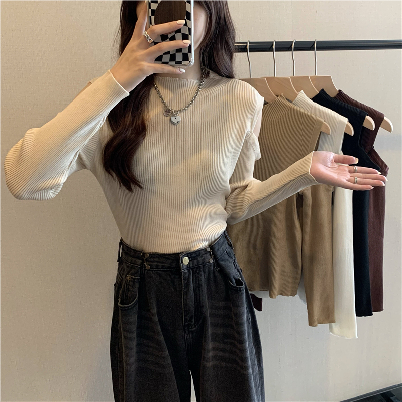 Real shot Half turtleneck slimming solid color off-shoulder long-sleeved knitted top