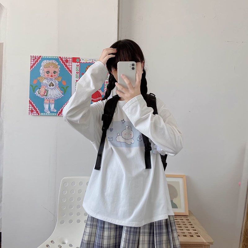 Cute rabbit autumn and winter round neck white long-sleeved T-shirt for female students Japanese loose and versatile ins plus velvet bottoming shirt for women