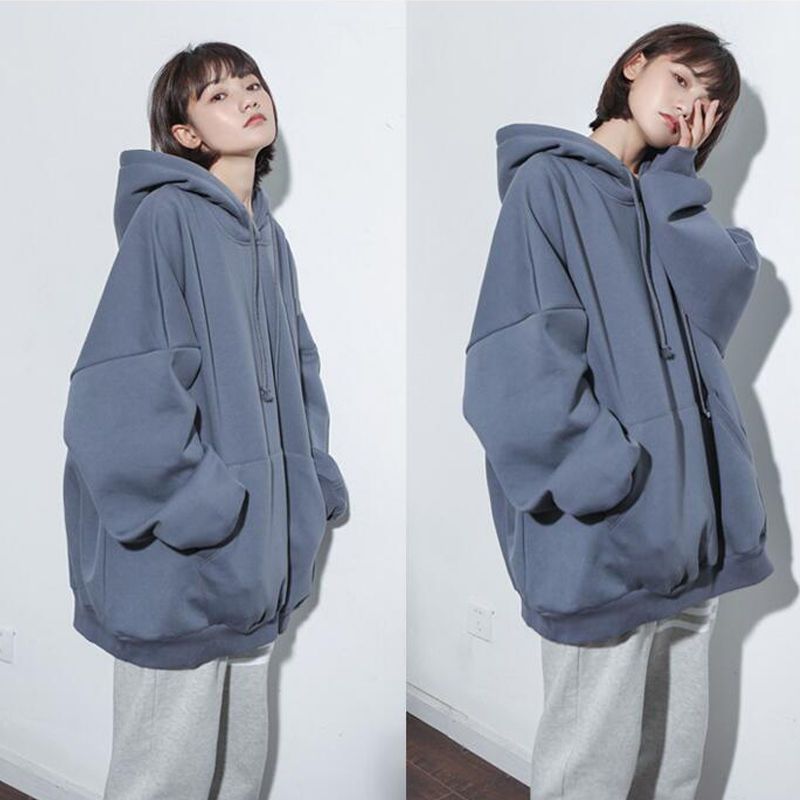 Velvet thickened haze blue sweatshirt for women autumn and winter warm new Korean style loose and trendy ins super hot lazy style jacket