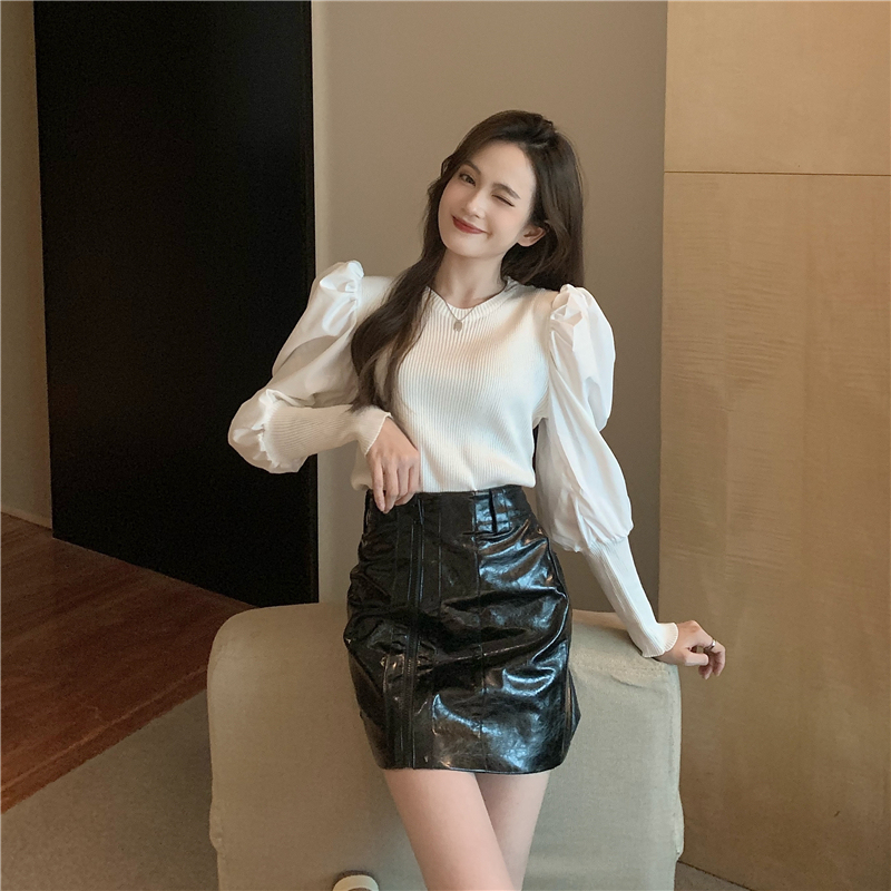 Actual shot of niche pleated stitching long-sleeved round neck versatile knitted top with a sense of design