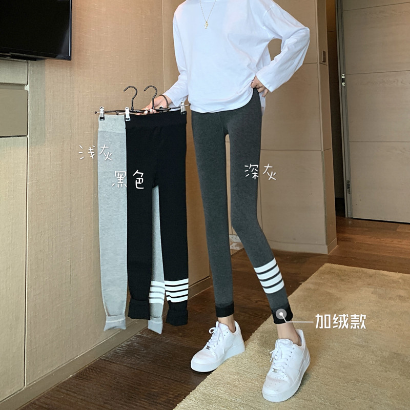 實拍打底褲女外穿加絨豎條螺紋九分褲四條槓運動夜光褲女