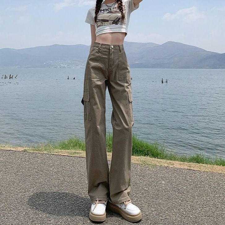 Khaki high-waisted narrow overalls for women summer American retro high street loose slimming casual wide-leg jeans